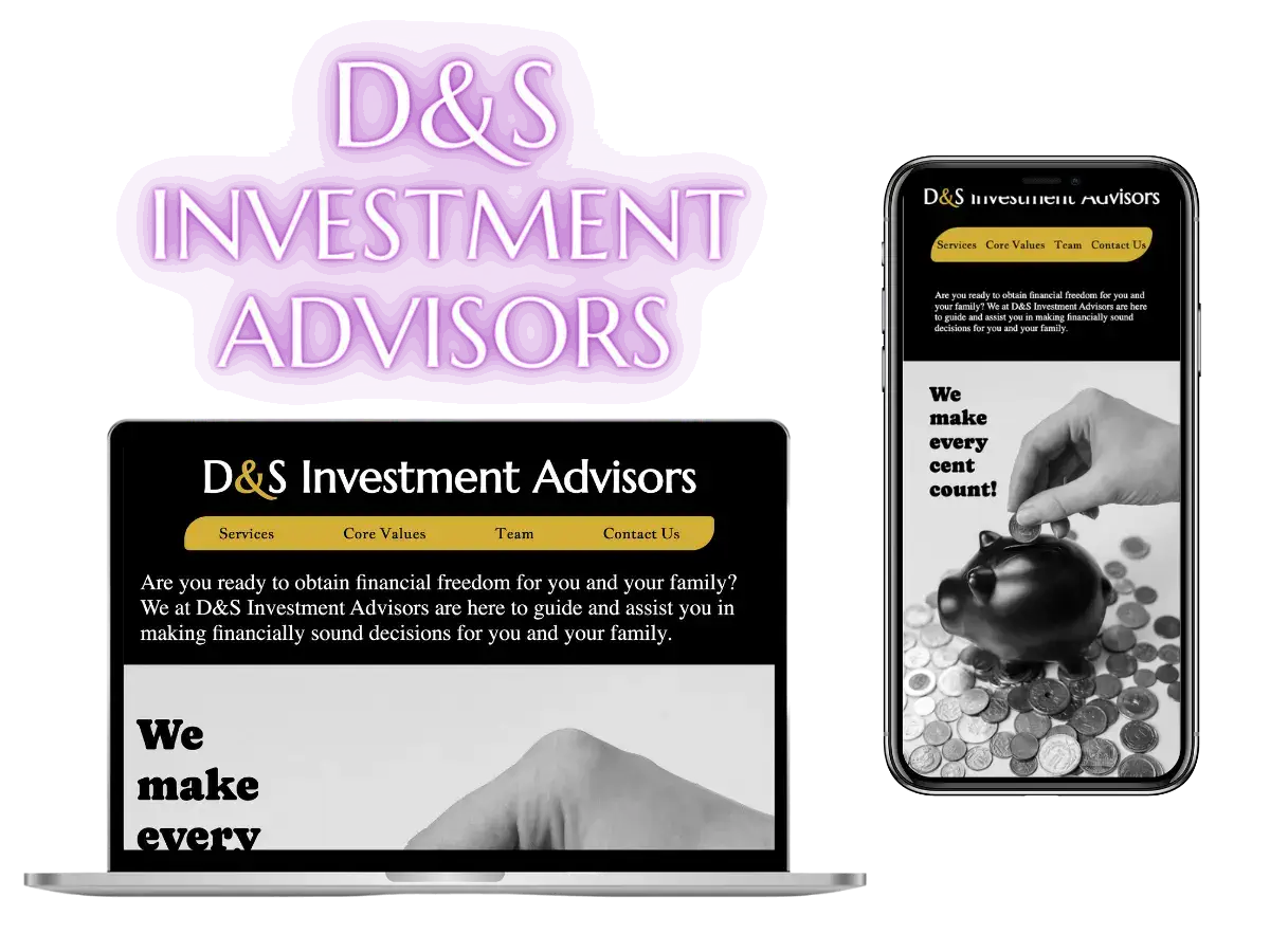 preview of D&S Investment Advisors landing page displayed on a laptop and mobile device